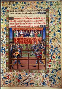 Ceremonies and ordinances as a pledge of battle: duel in closed field between two knights Miniature from a manuscript by Jean de Rolin (15th century) 1460 Paris, B.N.