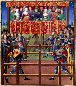 Ceremonies and ordinances as a pledge of battle: duel in closed field between two knights. Miniature from a manuscript by Jean de Rolin (15th century) 1460 Paris, B.N.