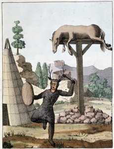 Chaman tonguse dancing in front of a burial (Siberia) - engraving, early 19th century