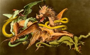 A dragon fighting two monsters