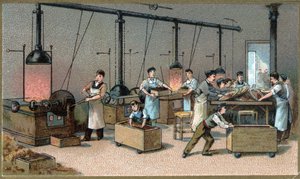 Chocolate making. Cocoa Torrefaction Room. Chromolithography of the late 19th century by Unknown artist