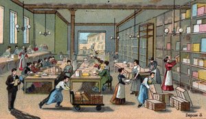 Chocolate manufacture: packaging, shipping. Chromolithography of the end of the 19th century