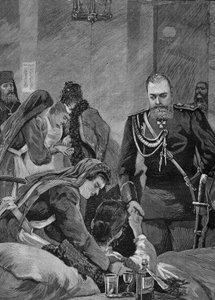 Cholera in Russia in 1892: Alexander III, Emperor of Russia and his wife Maria Feodorovna, Empress of Russia visit a hospital. Engraving from 1892