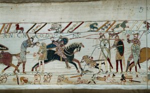 Conquest of England by the Duke of Normandy William the Conqueror in 1066: the Normans massacre the Saxon armies, King Harold is killed by an arrow found in the eye (detail of the tapestry of Bayeux or Embroidery of Queen Mathilde)