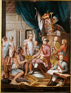 Conquest of Mexico: Montezuma offers presents to Hernan Cortez and swears loyalty to the Kingdom of Spain