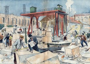 Construction of the Grand Palais, in Paris in 1898, on the occasion of the 1900 Universal Exhibition. In the center, the diamond wheel to cut stones. Illustration in Le Pelerin of July 3