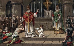 Conversion of Widukind or Witikind before Charlemagne in 785. Chromolithography of the Late 19th Century by Unknown artist