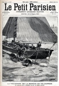 Crossing the Channel in velocipede: a fishing boat collects Georges Pinkert at sea who had made the bet to cross the Channel with the water velocipede he had invented. Engraving in 