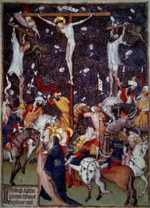 Crucifixion. Black angels fly around the bodies of the convicts. Romans on horseback turn around the cross to contemplate the scene by Unknown artist
