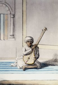 Culture, civilization and Indian society: Musician playing Thambourah, traditional instrument of India. Engraving 1808 by Unknown artist