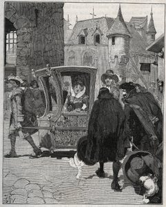 Cutlery: boatmen surround the chair of Marie de Rabutin-Chantal, Marquise de Sevigne to sell knives to her when she arrived at Nogent in 1675. Engraving from 1885 in 