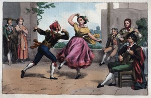 Dance of the Bolero and costumes of Granada - engraving from 