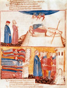 Dante and Virgil meet the souls of violently dead people. Illuminated page illustrating a song of the Antipurgatory from the 