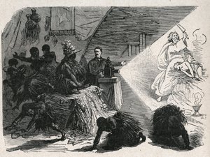 David Livingstone (1813-1873) Scottish missionary and explorer with the magic lantern in the Balonda.