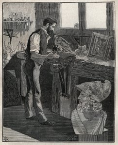 Decoration of silverware: bronze chiseller. Engraving from 1885 in 