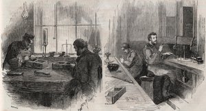 Diamond Cutting in a Workshop in the Netherlands: Splitters and Polishers (Engraving in Le Monde Illustré)