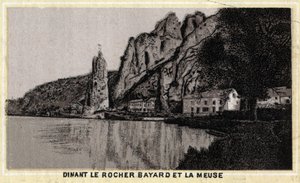 Dinant, the Bayard Rock and the Meuse, Wallonia, Belgium. Chromolithography of the late 19th century