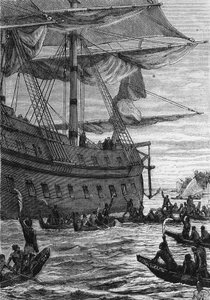 Discovery of the Indies: Voyage of Wallis in the Pacific; Native People Going to Meet the Colonists - in 