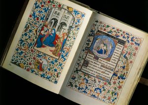 Double page of an open manuscript (book): the descent of the Holy Spirit. Miniature after the Breviary of Mary of Burgundy