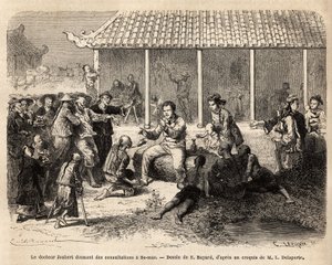 Dr. Joubert giving consultations in Se-Mao (China), engraving illustrating a voyage