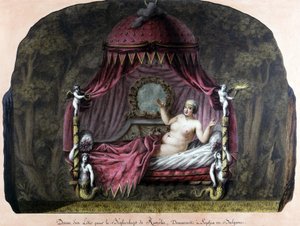 Drawing of a bed for the bey of Roumelie, residing in Sophia, Bulgaria. A naked woman invites her to join her. J. J. Lepreu.