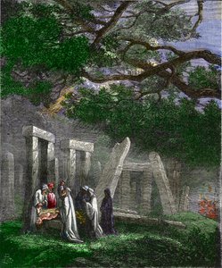 Druids practicing a human sacrifice at Stonehenge stopped by Roman soldiers - Colouring engraving of the 19th century by Unknown artist