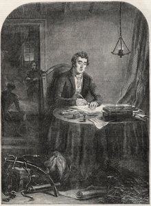 Duke of Wellington writing dispatch after Waterloo, June 19 1815 (engraving 1852) by Unknown artist
