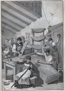 Ebenisterie: stamp varnishing workshop. Engraving from 1885 in 