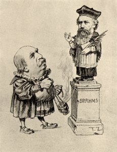 Eduard Hanslick worshipping Brahms on a pedestal by Unknown artist