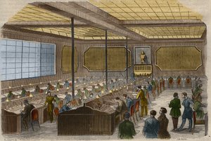 Electric telegraphy: view of the central station of telegraphic lines at the French Ministry of Interior in Paris. Engraving from 1856 in 
