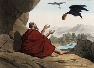 Elijah, hidden by the stream of Kerith, is fed by the crows (Anonymous engraving from the middle of the 19th century)