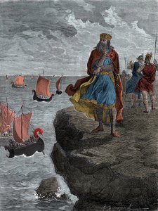Emperor Charlemagne watching the arrival of Norman ships - King Charlemagne, King of the Franks, looks down onto vessels filled with invading Norsemen