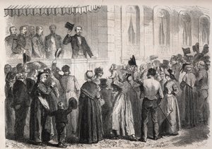 Emperor Napoleon III on the terrace of the villa of Strauss in Vichy, greeted by the people of the countryside on Sunday 7 July 1861 - Engraving in 