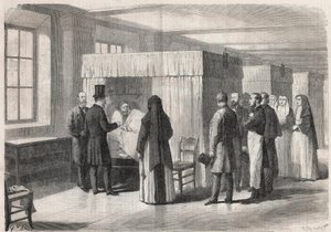 Emperor Napoleon III Visits the Rooms of the Hotel Dieu for Cholera Patients and Talks with Them - Engraving in 