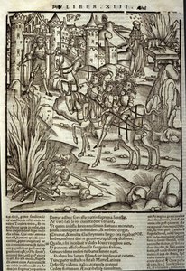 Eneide de Virgil (70 BC-19 BC), book XIII (supplementum), the Trojan hero Aeneas receives the Latins, sacrifices are made in honor of the victims of war. Xylography by Sebastian Brant (1458-1521). Strasbourg