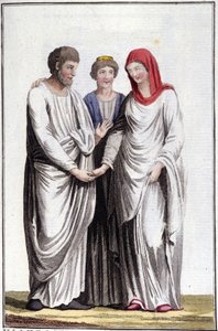 Engagement or promise of marriage: dextrarum iunctio or union of straight hands. Engraving of the 19th century by Unknown artist