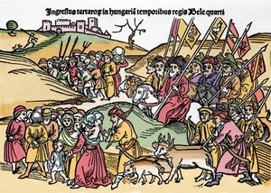 Entry of the Tartars into Hungary under the rule of Bela IV (1235-1270) of Hungary. Engraving from 
