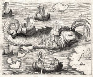 Episode of the Legend of Saint Brandan (Brendan): a fantastic journey of the Irish abbot of the 6th century in search of earthly Paradise. Print from 1621