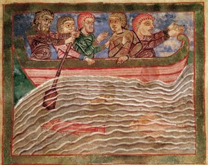 Episode of the life of Saint Radegonde of Poitiers (519-587), wife of Clotaire I, king of the Francs: Radegonde represented on a boat saving Florio. Miniature from an 11th century manuscript. Municipal library of Poitiers