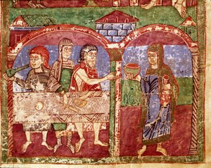 Episode of the life of Saint Radegonde (Radegundis) of Poitiers (519-587), wife of Clotaire I, king of the Franks: Radegonde during her charity works serves at the table of the poor. Miniature from an 11th century manuscript by Unknown artist