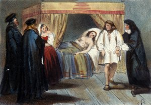 Episode of the test of manhood of Vincent I Gonzague (1562 - 1612), Duke of Mantua, for his marriage to the daughter of François de Medici, Eléonore in 1584. He was suspected of not having any heirs. Lithograph of the 19th century. by Unknown artist