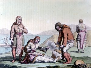 Eskimos light a fire by rubbing pieces of wood by Unknown artist