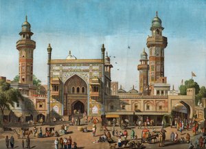 Exterior view of the Wazir Khan Mosque in Lahore, Pakistan. Engraving in 