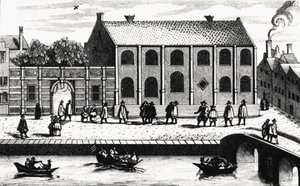 Exterior view of the building of the University of Leiden founded in 1575 by Guillaume de Nassau. Engraving after 