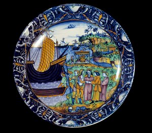 Faience dish representing the arrival of Aeneas in Delos received by King Arius