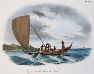Fijian sailing canoe, colour engraving