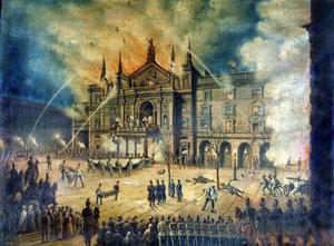 Fire of the Vienna Opera Wiener Ringtheater in 1881. 19th century drawing.
