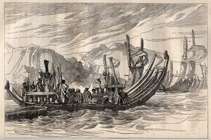 First voyage of Captain James Cook: the Tahiti fleet gathered in Oparee - illustration taken from The Great Mariners of the 18th century by Unknown artist