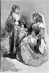 Folklore: women dressed in traditional wedding costumes, Sicily. 19th century engraving by Unknown artist