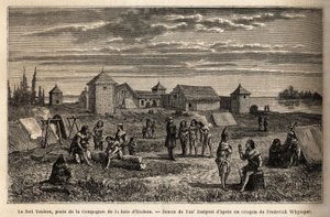 Fort Youkon, in the Gulf of Norton, Alaska, founded in 1847, an establishment of the Hudson Bay Company, Indians encamped around the palisades. Engraving to illustrate the voyage and adventures in English Colombia, Vancouver Island and Alaska, by Frederick by Unknown artist